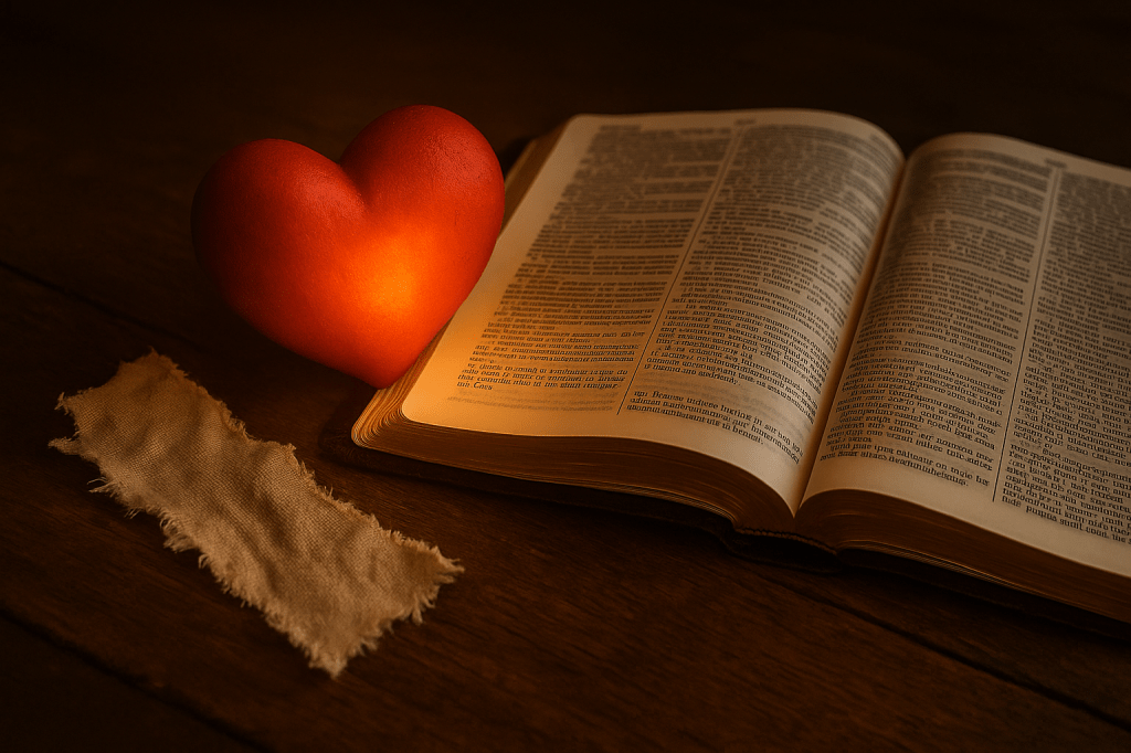A torn piece of cloth lies beside an open Bible with a glowing heart above it, symbolizing sincere repentance over outward rituals.